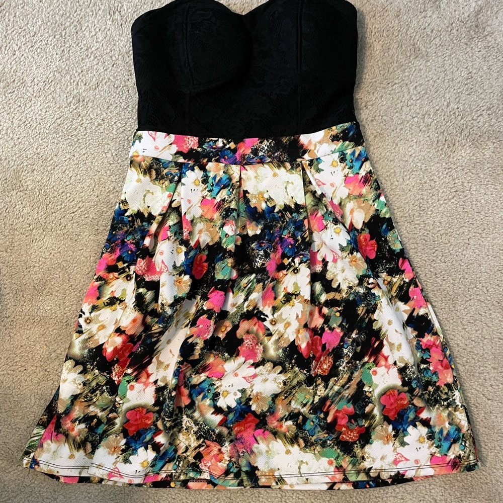 Xhilaration Black and Pink Strapless Fit and Flare Dress